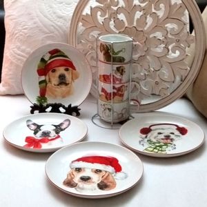 Pier 1 Imports CHRISTMAS PUPPIES (4) Plate Collection & Stacking Mugs Set